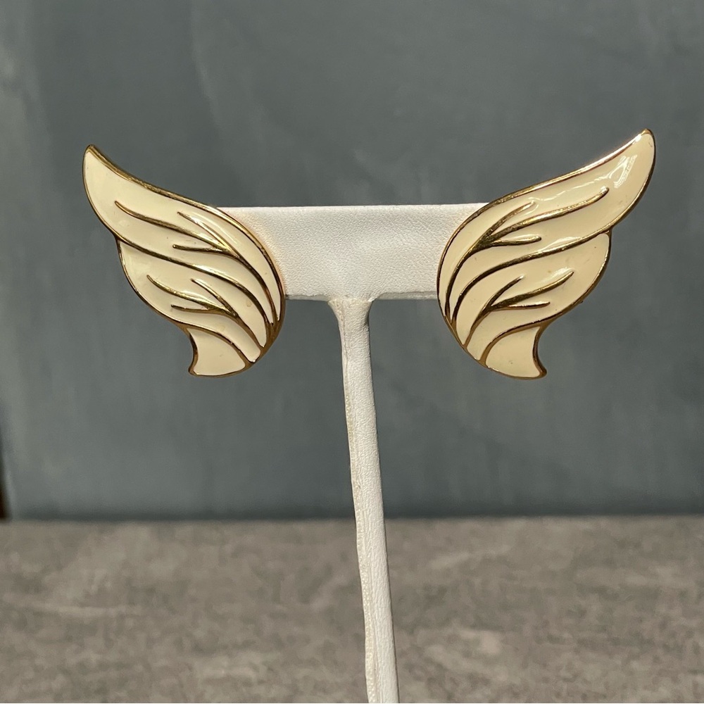 Vintage Signed Monet Gold Tone Cream Enamel Wing-Shaped Clip-on Earrings